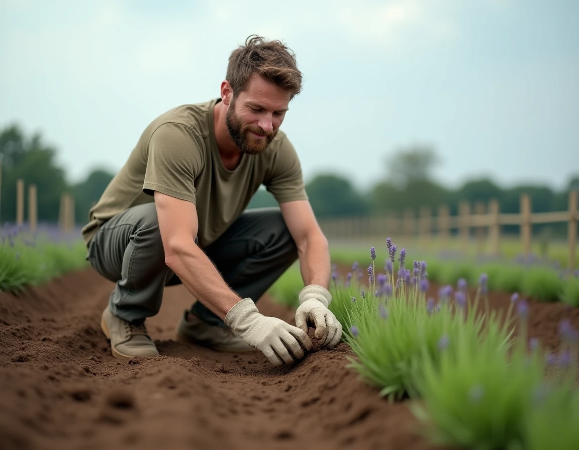 Jeune homme plantant des boutures de lavande en pleine terre pour former une haie parfumée