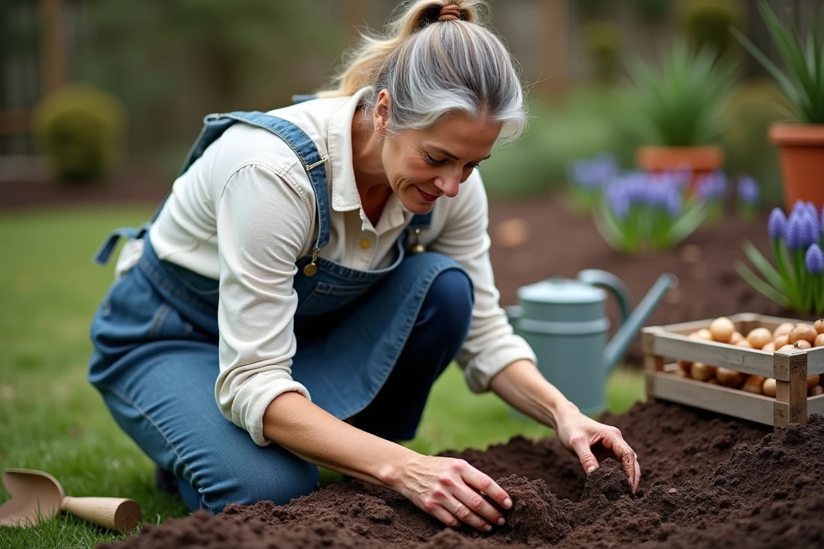 Femme qui plante des bulbes de jacinthe orientalis dans un jardin écologique avec du compost naturel