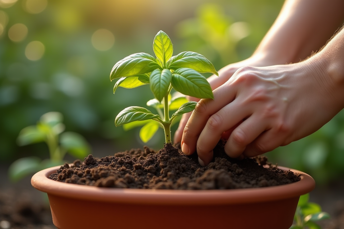Mains plantant un basilic dans la terre en extérieur