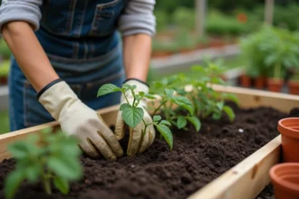 Femme plantant des plants de tomates tardifs dans un potager surélevé en bois avec de la terre riche et sombre
