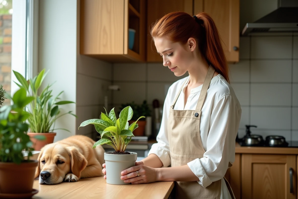 Femme plaçant une plante carnivore anti-mouches sur un rebord de fenêtre de cuisine avec un chien couché à proximité