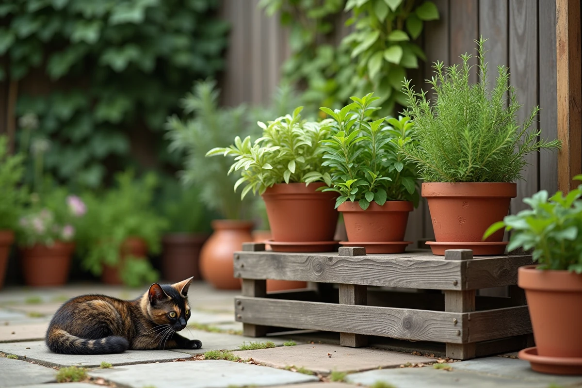 Collection de plantes répulsives anti-mouches en pots sur une terrasse extérieure avec un chat se reposant à proximité