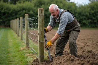 Homme en tenue de travail posant une clôture en bois