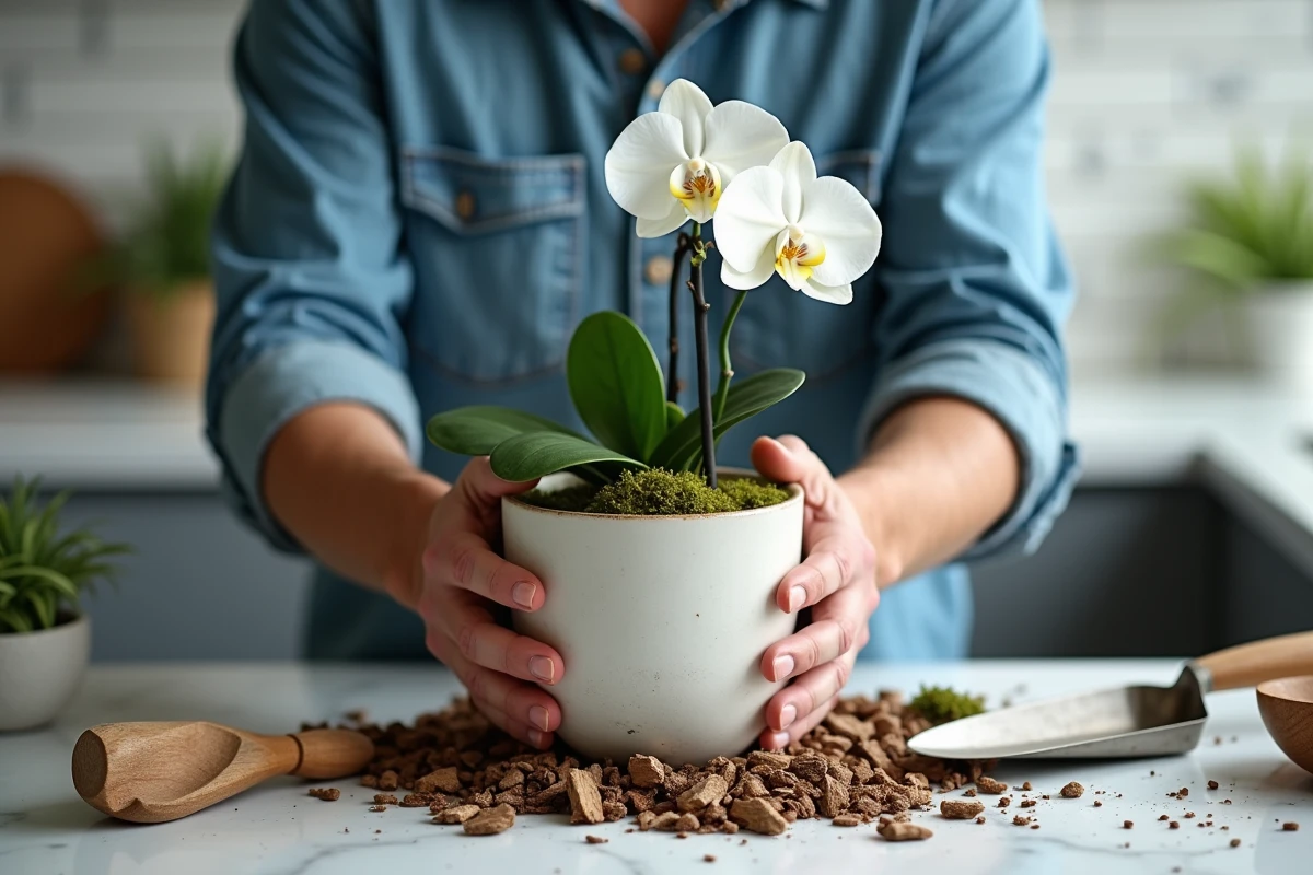 Mains masculines plaçant une orchidée dans un pot en céramique trop grand avec de l'écorce et de la mousse