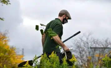 a man in a green shirt holding a pair of gardening tools