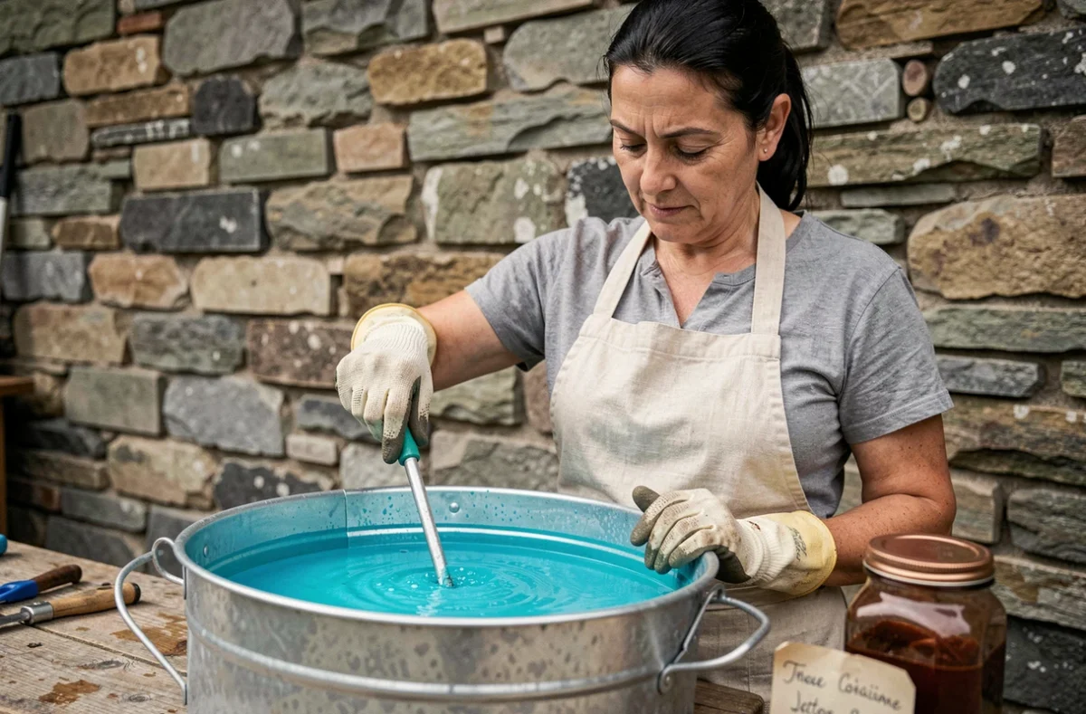 Femme préparant la bouillie bordelaise liquide bleue dans un pulvérisateur de jardin près d'un mur en pierre