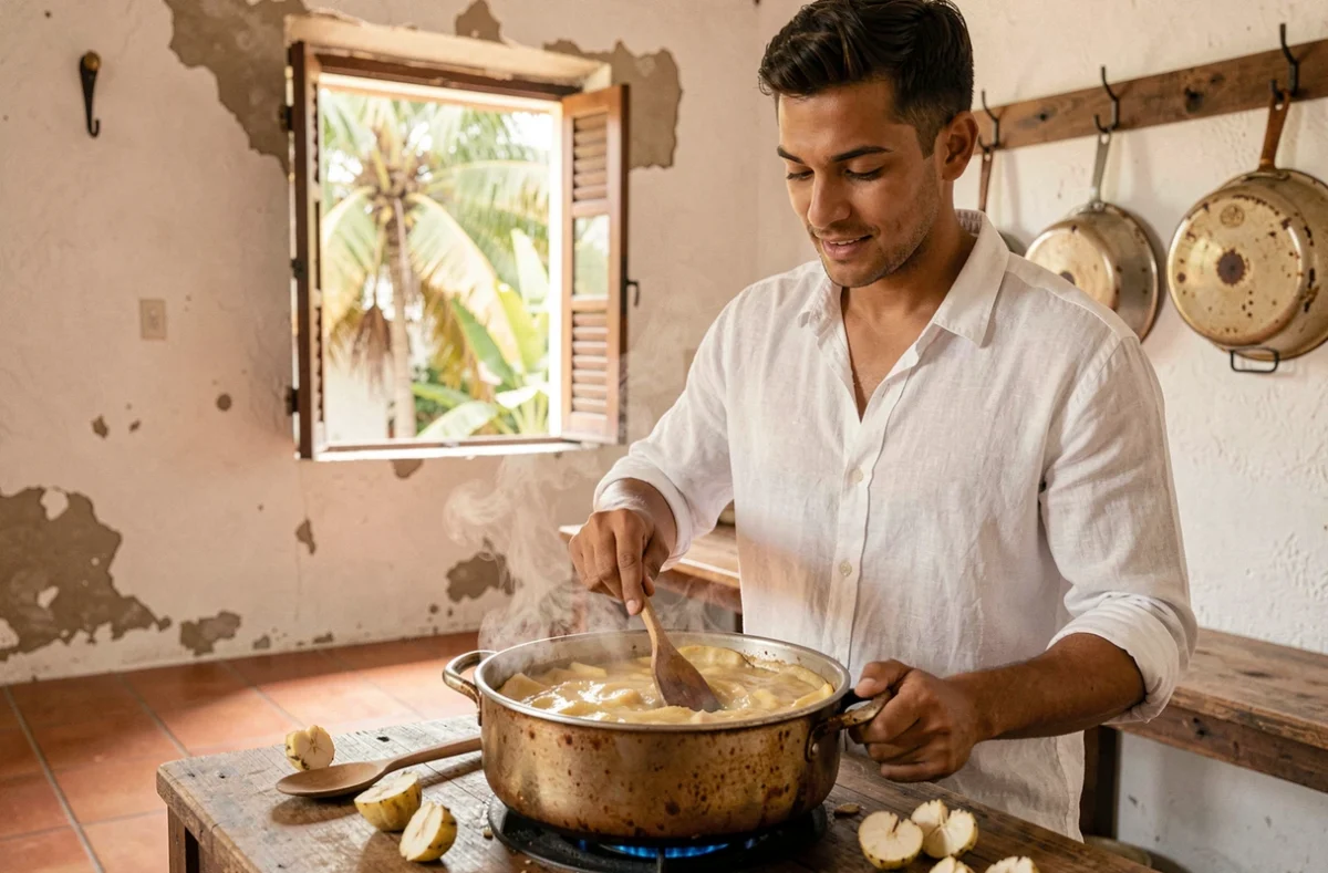 Jeune homme préparant un gratin de christophines dans une cuisine antillaise traditionnelle au style rustique