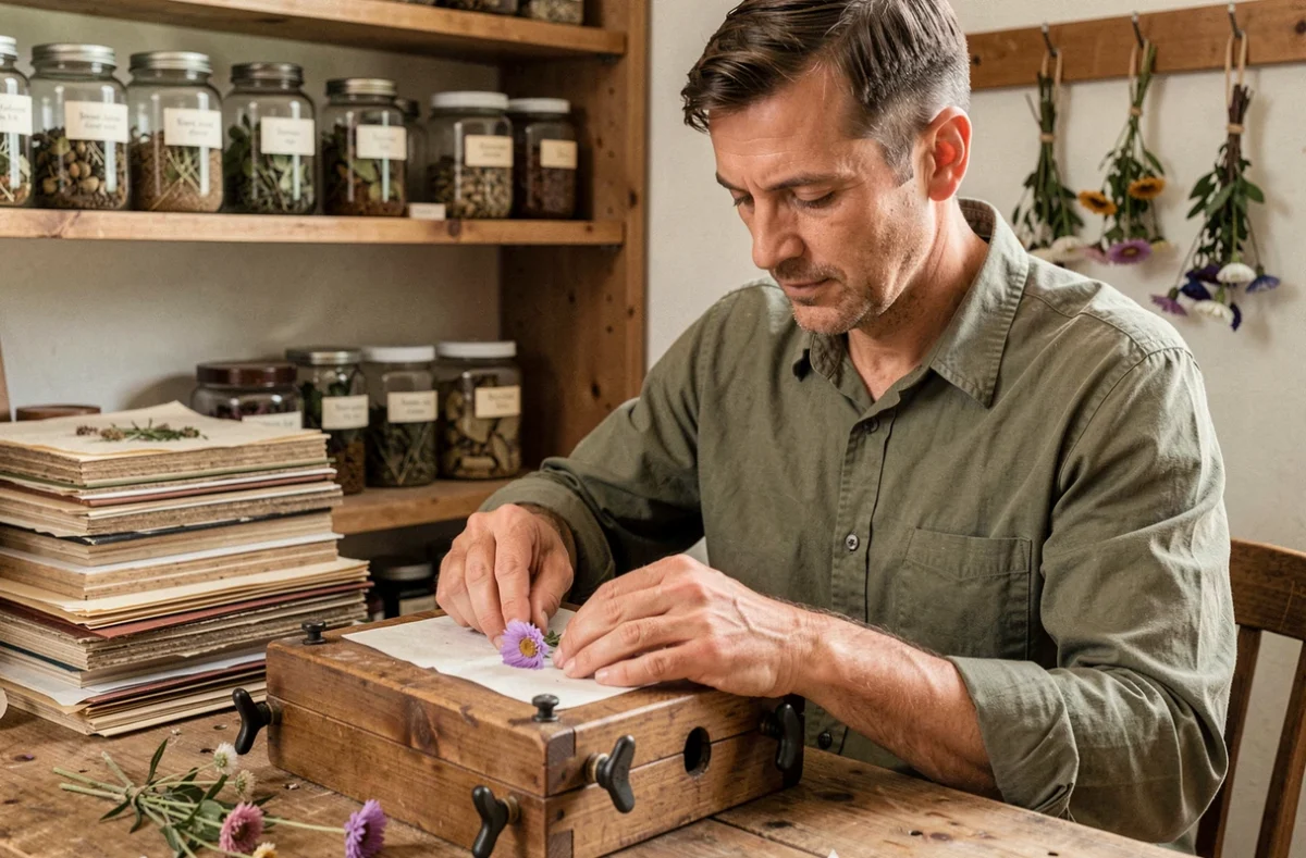 Homme pressant une fleur mauve sauvage dans une presse botanique pour conservation en herbier