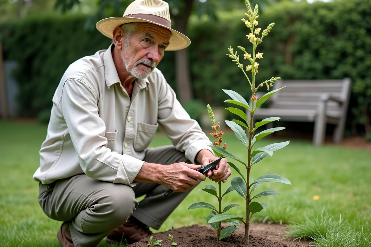 Homme âgé taillant un jeune lilas des Indes