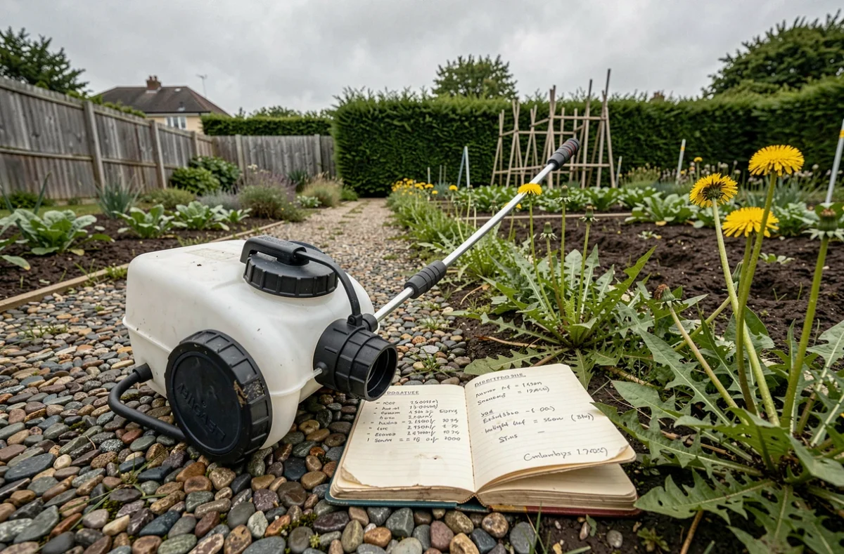 Pulvérisateur manuel posé dans un jardin potager à côté d'un carnet de notes sur le dosage du glyphosate pour limiter l'impact environnemental