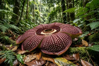 Rafflesia arnoldii en pleine floraison sur le sol d'une forêt tropicale à Sumatra, vue en contre-plongée grand angle