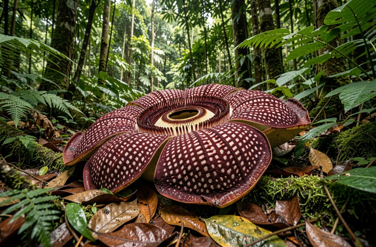 Rafflesia arnoldii en pleine floraison sur le sol d'une forêt tropicale à Sumatra, vue en contre-plongée grand angle