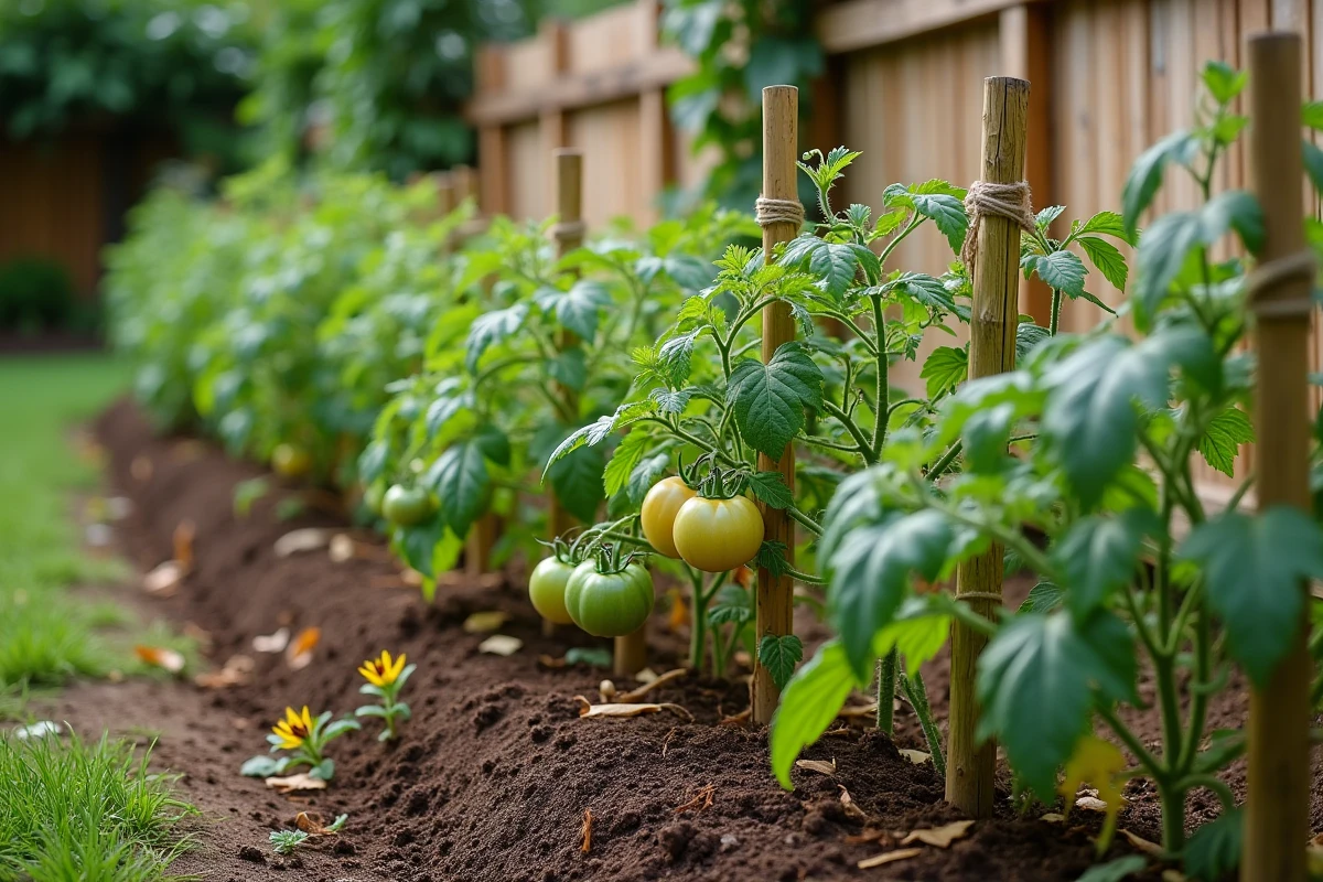 Rangée de plants de tomates au potager avec feuilles jaunes sur les branches basses avant la période de floraison