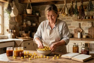 Femme préparant des groseilles à maquereau Colina Josta dans une cuisine rustique en pierre