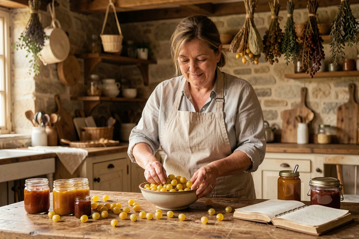 Femme préparant des groseilles à maquereau Colina Josta dans une cuisine rustique en pierre