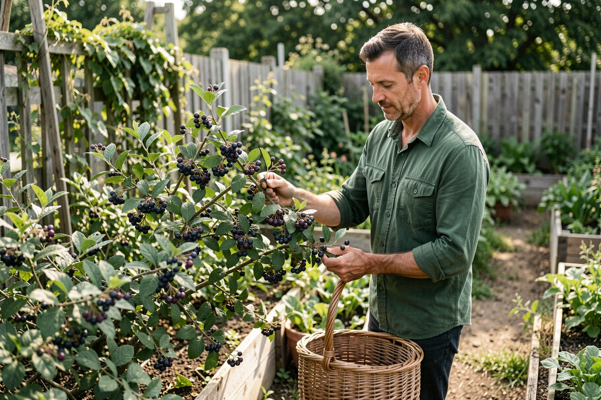 Homme récoltant des baies Josta dans un jardin potager verdoyant avec un panier en osier