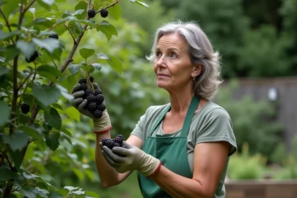 Femme récoltant des baies de sureau dans un jardin naturel pour préparer un purin de sureau fait maison