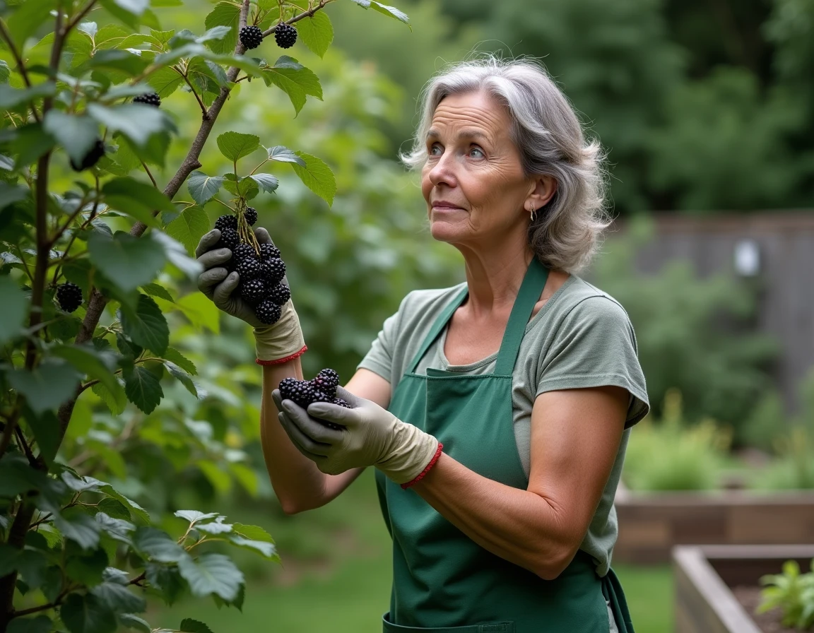 Femme récoltant des baies de sureau dans un jardin naturel pour préparer un purin de sureau fait maison