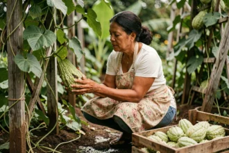 Femme créole récoltant des christophines dans un potager tropical luxuriant avec des vignes sur treillis en bois