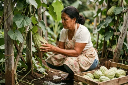 Femme créole récoltant des christophines dans un potager tropical luxuriant avec des vignes sur treillis en bois