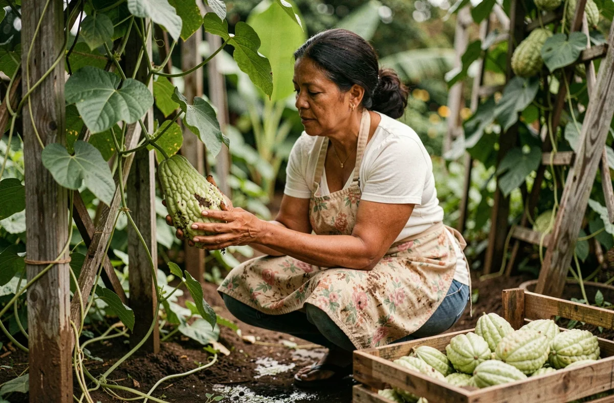 Femme créole récoltant des christophines dans un potager tropical luxuriant avec des vignes sur treillis en bois