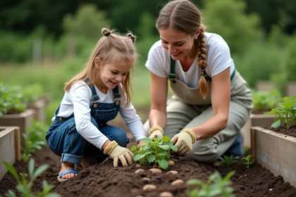 Mère et enfant récoltant des pommes de terre dans un potager familial, les mains dans la terre