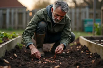 Homme récoltant des vers de terre dans un jardin potager pour la pêche