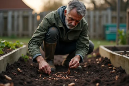 Homme récoltant des vers de terre dans un jardin potager pour la pêche