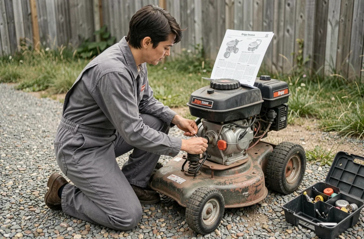 Femme mécanicienne réglant le ressort régulateur d'un moteur Briggs et Stratton sur une tondeuse autoportée