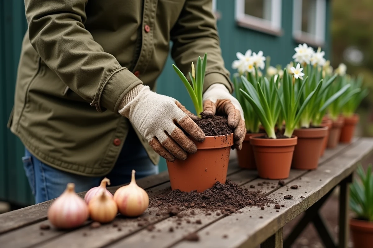 Jardinier préparant du compost naturel pour rempoter des bulbes de jacinthe orientalis de façon écologique