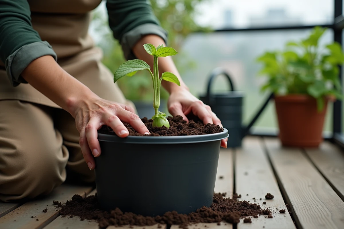 Femme rempotant un jeune plant de melon dans un grand pot sur un balcon en bois avec terreau visible