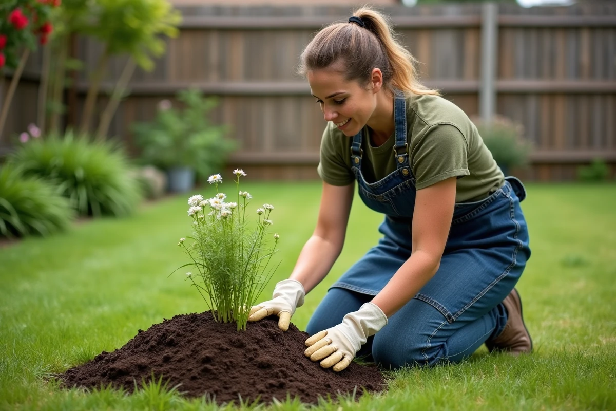 Femme jardinant qui installe une plante répulsive naturelle près d'une taupinière dans un jardin familial