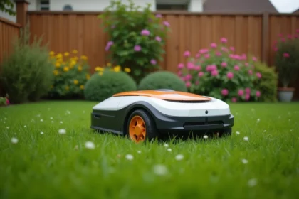 Robot tondeuse Kress en action dans un jardin résidentiel français tondu proprement