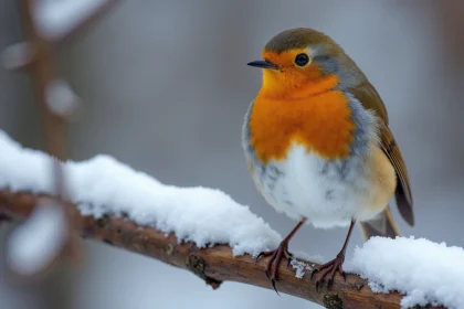 Rouge-gorge perché sur une branche enneigée dans la forêt