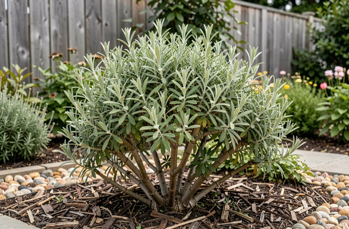 Sauge arbustive bien taillée avec une nouvelle pousse compacte dans un jardin résidentiel soigné