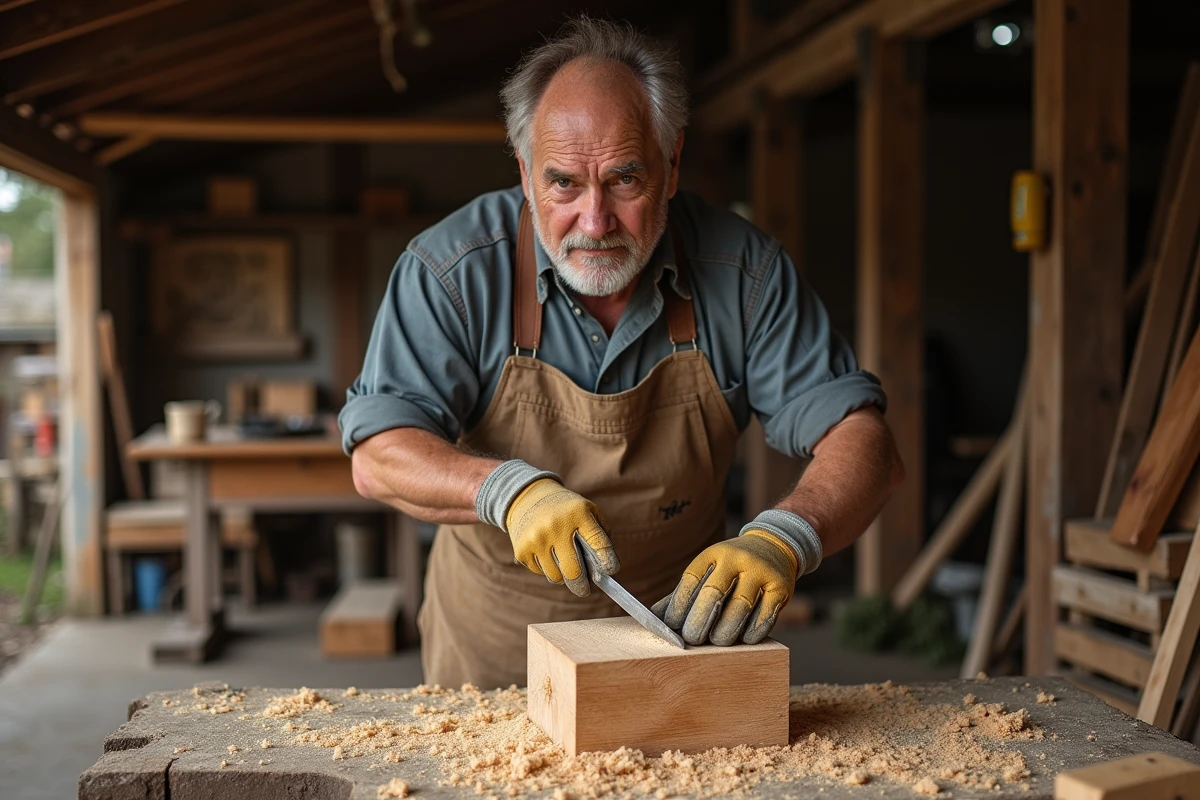 Artisan sculpteur sur bois taillant un bloc de chêne massif dans un atelier extérieur rustique, avec des copeaux de bois dispersés sur l'établi
