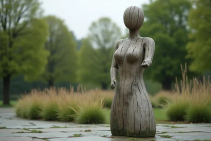 Sculpture en bois de teck vieilli avec patine grise naturelle dans un jardin extérieur, entourée de graminées ornementales et de dalles en pierre