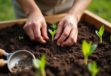 Mains plantant des graines dans un sol riche au printemps