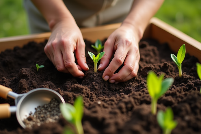 Mains plantant des graines dans un sol riche au printemps