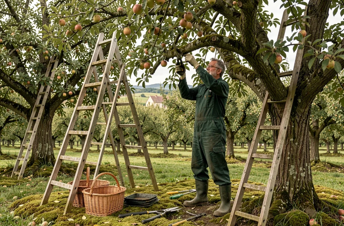 Horticulteur de Sonofep taillant un arbre fruitier mature dans un verger traditionnel de Côte-d'Or