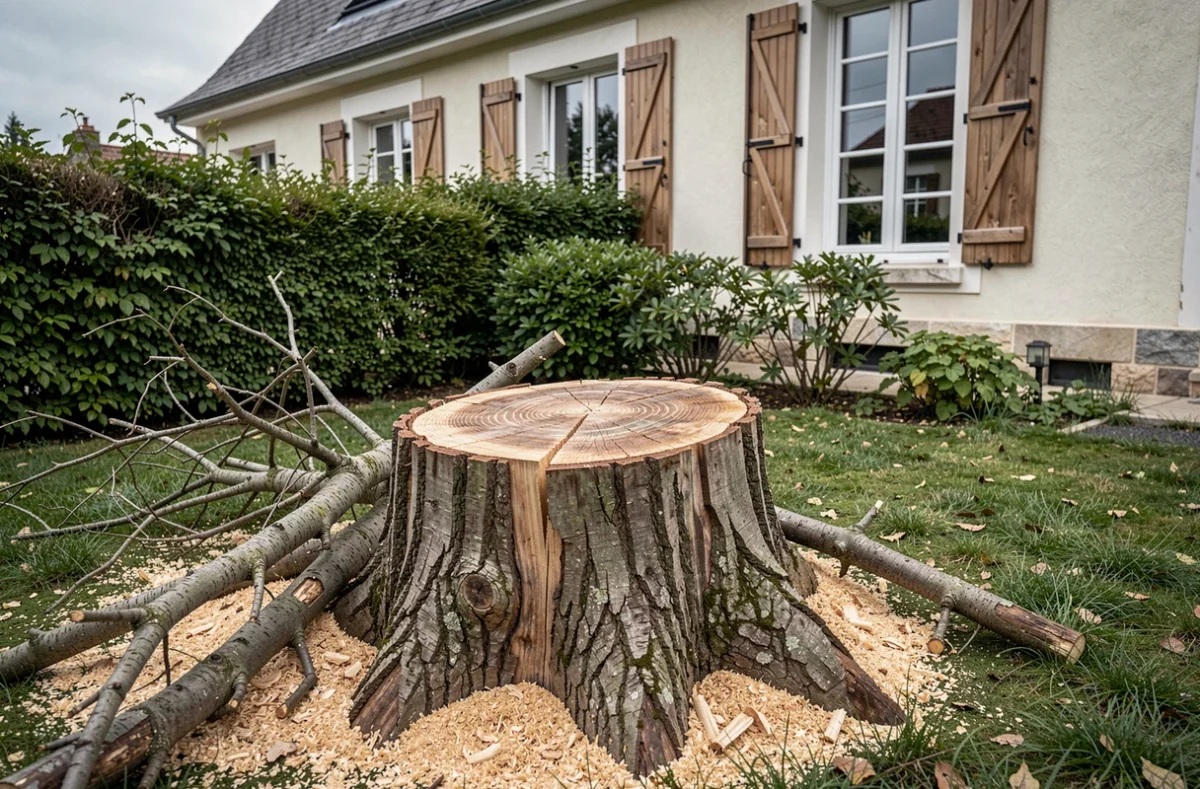 Souche d'arbre fraîchement abattu dans un jardin résidentiel français illustrant les enjeux réglementaires de l'abattage privé