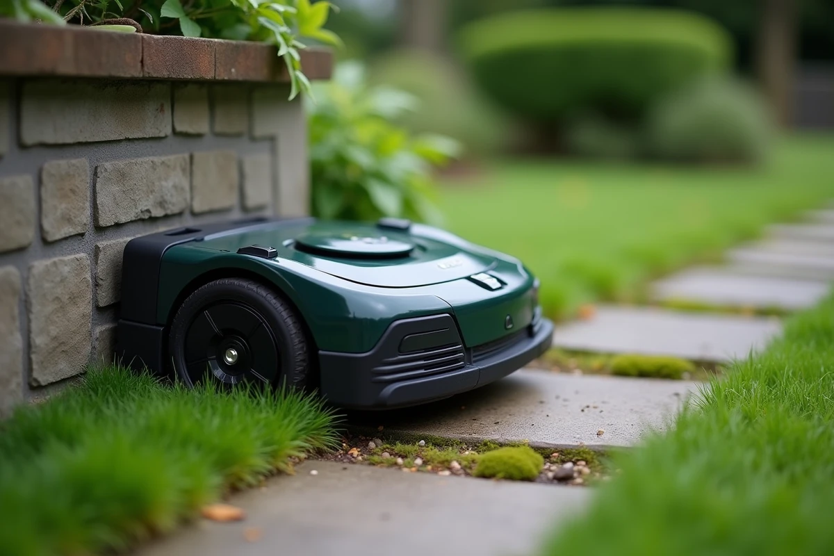 Station de recharge d'un robot tondeuse Kress installée en bordure de jardin sur pelouse entretenue