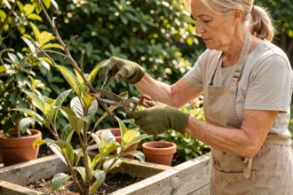 Jardinière taillant un arbre à crevette avec un sécateur pour supprimer les branches sèches