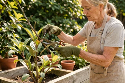 Jardinière taillant un arbre à crevette avec un sécateur pour supprimer les branches sèches