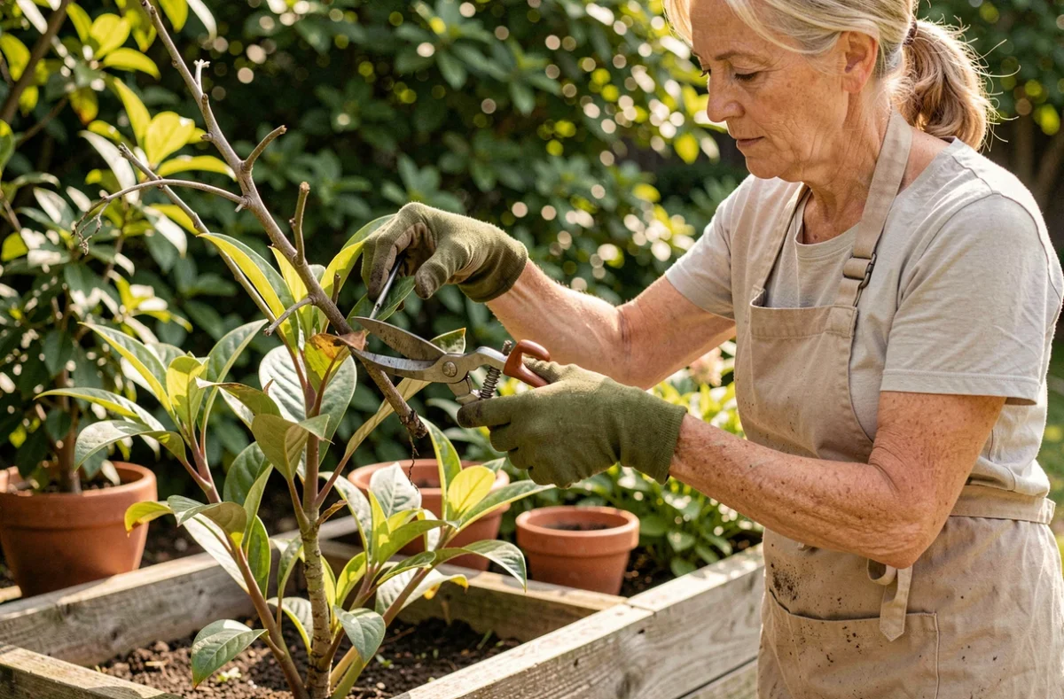 Jardinière taillant un arbre à crevette avec un sécateur pour supprimer les branches sèches