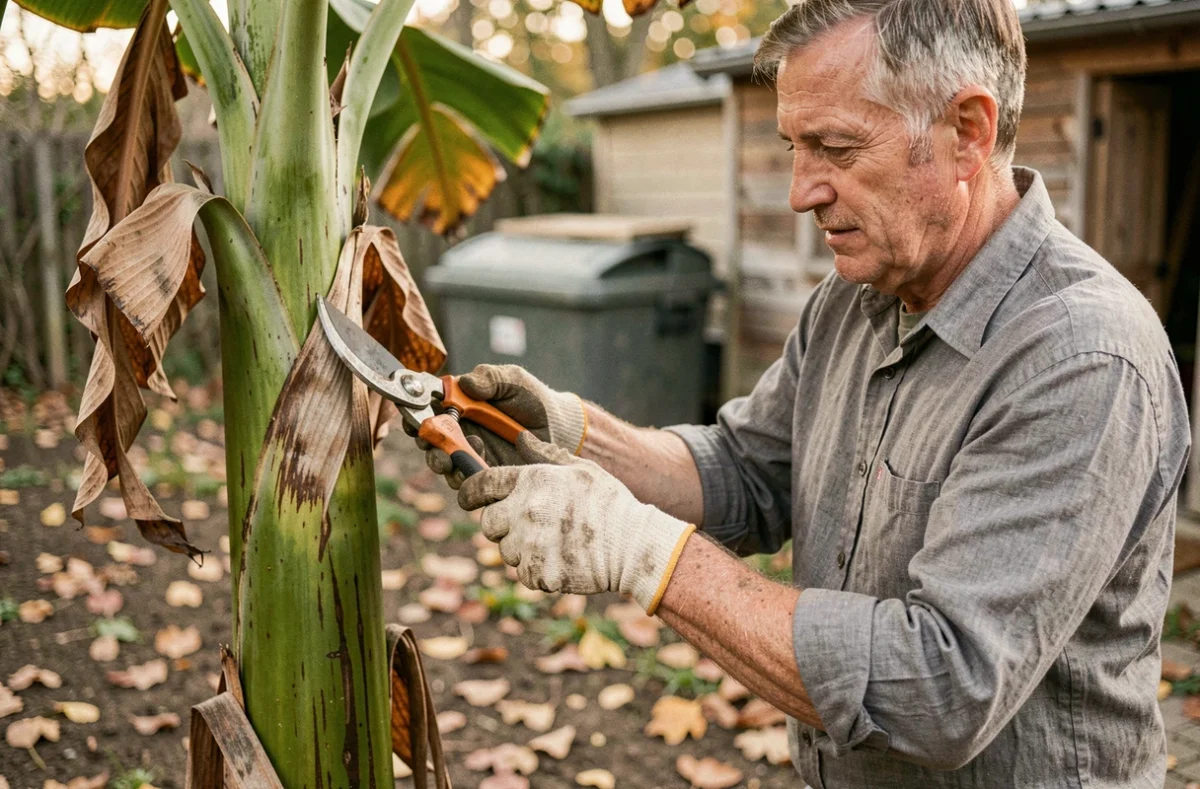 Jardinier en train de tailler un bananier en automne avant l'hiver avec un sécateur