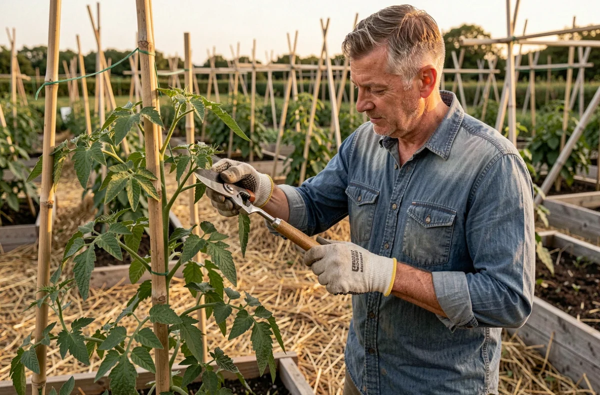 Jardinier retirant un gourmand de tomate avec un outil de taille dans un jardin potager en été