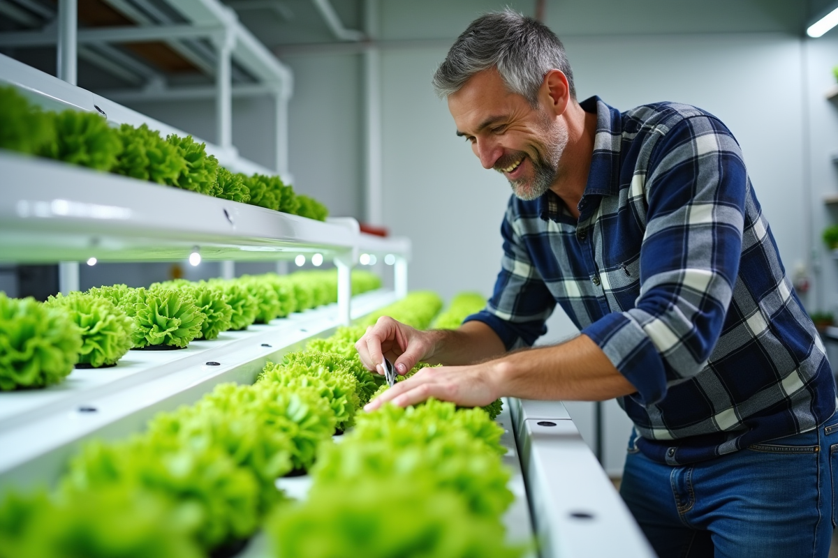 Homme taillant des laitues en hydroponie intérieure
