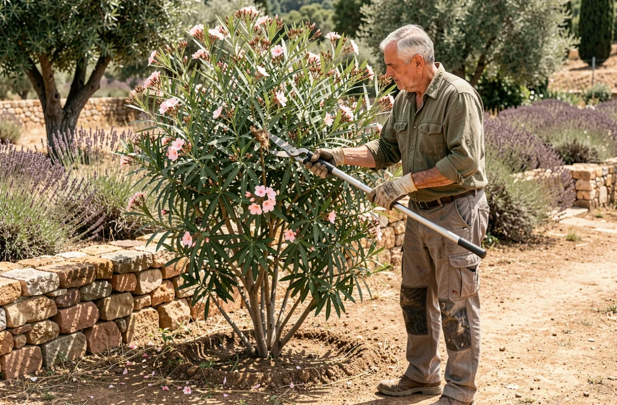 Homme taillant un laurier rose en pleine terre dans un jardin provençal avec un ébrancheur