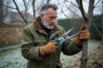 Jardinier taillant un mûrier en hiver dans un jardin de climat froid avec givre au sol